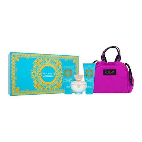 Set • Versace • Dylan Turquoise Pour Femme • Eau de Toilette •  da donna • 100ml edt+ gel doccia 100ml+ Body gel 100ml+borsetta